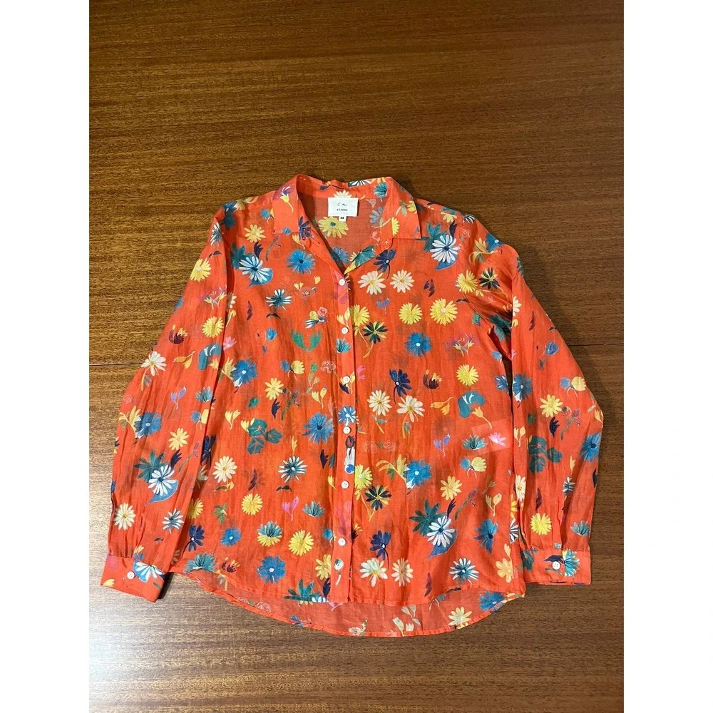 Sezane x C. Kero Floral Cotton Silk Blend Blouse Shirt Orange Daisy Print 36 EU - Picture 3 of 14